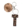 Leopard print letter T leather keychain with a brown fluffy faux fur pompom ball - Capital Letter-T(20066)