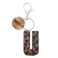Leopard print leather letter U keychain with brown faux fur pom pom and silver metal ring - Capital Letter-U(20067)
