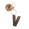 Leopard print letter V keychain with brown fluffy pom-pom and silver metal lobster clasp - Capital Letter-V(20068)