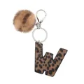 Leopard print leather letter W keychain with brown faux fur pom pom and silver metal ring - Capital Letter-W(20069)