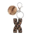Leopard print letter X leather keychain with a brown faux fur pom pom ball charm - Capital Letter-X(20070)