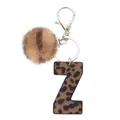 Leopard print leather letter Z keychain with fluffy brown faux fur pom pom and silver clip - Capital Letter-Z(20072)