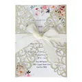 Laser-cut champagne gold glitter wedding invitation with elegant white satin ribbon bow - Light Gold Glitter
