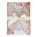 Elegant rose gold laser-cut wedding invitation with floral insert and silk bow - Glitter Champagne Gold