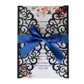 Navy blue glitter laser cut wedding invitation with decorative silk ribbon and floral insert - Glitter Dark Blue