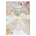 Elegant gold glitter laser cut wedding invitation with cream satin ribbon and floral insert - Glitter Rose Gold