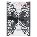 Elegant black glitter laser-cut wedding invitation with a satin bow and floral insert - Glitter Black