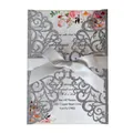 Silver glitter laser-cut wedding invitation with white silk ribbon and floral details - Glitter Silver Charcoal (With Silver Bow)