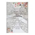 Elegant laser-cut silver glitter wedding invitation with gray ribbon bow and floral insert - Glitter Silver (With Silver Bow)