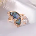 Rose gold butterfly open ring with colorful abalone shell inlay and zircons - Abalone Shell Butterfly Open Ring (7759)