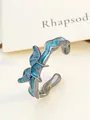 Silver wavy open ring with blue butterfly enamel and adjustable rhapsody design - Blue Enamel Butterfly Open Ring (0439)