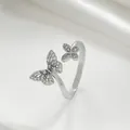 Adjustable silver butterfly ring with sparkling zircon stones in a double butterfly design - Silver Double Butterfly Open Ring (M-340)