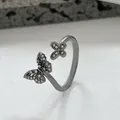 Elegant butterfly open ring featuring shimmering silver metal and sparkling micro zircons - Gun Black Double Butterfly Open Ring (M-341)