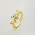 Adjustable gold butterfly ring with sparkling cluster cubic zirconia stones - Gold Zirconia Flower Cluster Open Ring (X541)