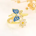 Adjustable gold butterfly ring with blue enamel wings and small white daisy flower - Blue Butterfly Daisy Gold Open Ring (4154)
