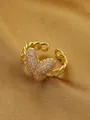 Adjustable golden Cuban link ring featuring a delicate pink zircon butterfly charm - Pink Zircon Butterfly Cuban Chain Ring (X578)