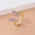 Adjustable golden butterfly ring featuring purple enamel and sparkling zircon accents - Purple Enamel Butterfly Open Ring (K-1397)