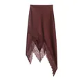Detail of burgundy satin midi skirt with asymmetrical hem and eyelash lace trim - XS / Bottoms / Dark Red