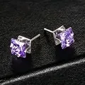 Square purple cubic zirconia stud earrings with silver metal backing and princess cut - Purple Pair