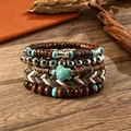 5-piece bohemian beaded bracelet set featuring wooden beads and a turquoise turtle charm - Brown G-355