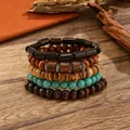 Five-piece bohemian stretch bracelet set with turquoise beads and assorted wood beads - Brown G-366