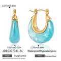 Detailed view of chunky U-shaped blue resin earrings with gold stainless steel dimensions - Sky Blue (JDE0307031-BL)