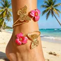 Exquisitos tobilleras doradas de mariposa y flor rosa para estilo de playa - Tobillera Mariposa Flor Rojo Rosa (DZ-351)