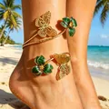 Tobillera dorada con mariposa y flor en esmalte verde para estilo de vacaciones tropicales - Tobillera Mariposa Flor Esmalte Verde (DZ-736)