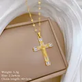 Gold plated cross necklace with rectangular zircon inlay and 40cm extension chain - Figure Image Cross Style (E536)
