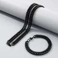 Ensemble collier et bracelet en acier inoxydable noir à maille gourmette unisexe - Chaîne Cubaine 9mm / Bracelet 20cm / Noir