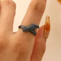 Vintage oxidized black hummingbird ring with detailed feather texture in gothic style - Raven Style (10592)