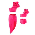 Three-piece rose red bikini set with 3D floral one-shoulder top and high slit beach skirt - S / Top And Bottom / Magenta