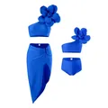 Three-piece royal blue bikini set with 3D floral shoulder detail and side slit skirt - S / Top And Bottom / Blue