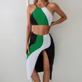 Three-piece green colorblock halter bikini set with high slit maxi skirt for women - S / Top And Bottom / Black Green White