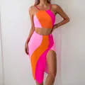Three-piece pink and orange color-block halter swimsuit with high-slit skirt - S / Top And Bottom / Pink Orange Pink