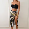 Three-piece bikini set with black crop top and geometric print high-slit maxi skirt - S / Top And Bottom / Black