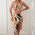 Three-piece bikini set with abstract tiger print crop top and high slit midi skirt - S / Top And Bottom / Dark Tiger Print