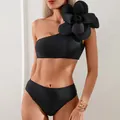 Elegant black one-shoulder bikini with a large 3D flower detail and shimmer texture - S / Top And Bottom / Swimwear / Black
