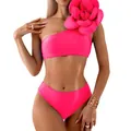Hot pink two-piece bikini set with oversized 3D flower detail on single shoulder strap - L / Top And Bottom / Swimwear / Magenta