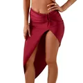 Three-piece bikini set wine red asymmetrical high slit swim skirt with waist pleats - S / Bottoms / Wine Red Adult Single Skirt