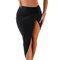 Chic black high-slit bikini cover-up skirt with waist pleats and metal detail - S / Bottoms / Skirts / Black