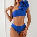 Three-piece royal blue bikini with 3D floral accent and one-shoulder strap style - S / Top And Bottom / Blue Bikini
