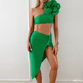 Three-piece vibrant green bikini set with 3D floral one-shoulder top and high-slit skirt - L / Top And Bottom / Three-Piece Set / Green
