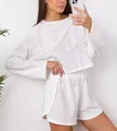 Women's chic white two-piece set featuring eyelet embroidery top and matching shorts - S / White
