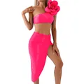 Hot pink two-piece swimsuit set featuring a 3D rose shoulder and side-slit high waist skirt - S / Top And Bottom / Three-Piece Set / Magenta
