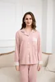 Detail of pink lounge set showing lace trim on the pocket and soft ribbed texture - M / Pink