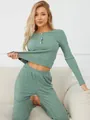 Women's sage green ribbed lounge set with long sleeves and button-up detail - L / Green