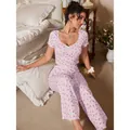 Damen zweiteiliger lila Pyjama mit Blumenmuster, Kurzarm-Spitzentop und langer Hose - S / Rosa