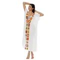 Vista completa de un vestido de playa blanco con patchwork de ganchillo y motivos florales - Talla única / Tops / Blanco