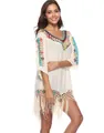 Detail of bohemian beach cover-up featuring colorful crochet circles and long tassels - One Size / Tops / Apricot